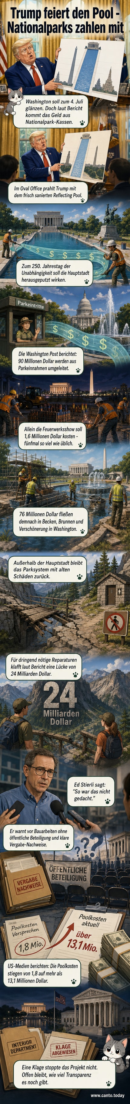 Trump im Oval Office mit einem Plakat, das den Reflecting Pool als länger als Wolkenkratzer darstellt.
