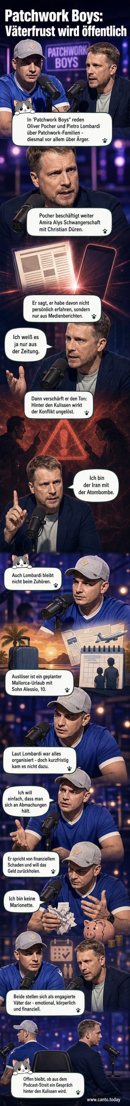 Oliver Pocher und Pietro Lombardi im Studio ihres Podcasts 'Patchwork Boys', beide mit ernsten Gesichtern, während sie über ihre Ex-Frauen sprechen.