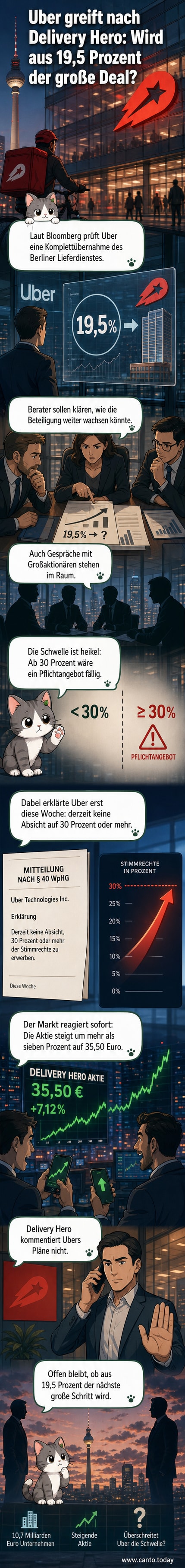 Illustration von zwei Lieferfahrrädern – eines mit Uber-Logo, eines mit Delivery-Hero-Logo –, die sich gegenüberstehen, während ein Aktienchart im Hintergrund nach oben zeigt.