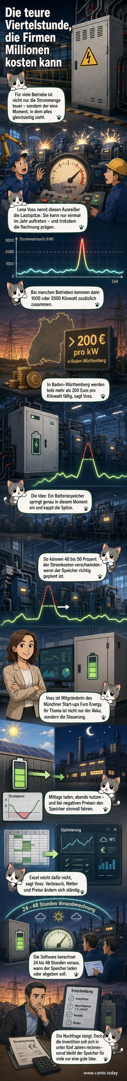 Illustration eines Batteriespeichers in einem Industriegebäude, der eine Stromlastspitze abfedert, während ein digitaler Zähler die Ersparnis anzeigt.
