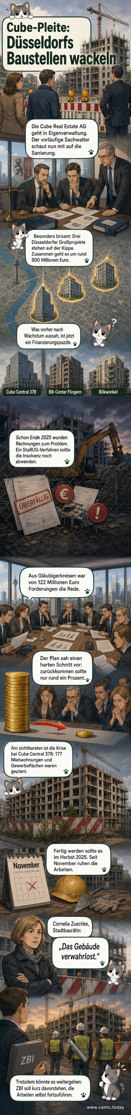 Ein halbfertiges Wohnhochhaus mit abgedeckten Fenstern und verwaistem Baugerüst im Hintergrund – Symbolbild für ein stockendes Immobilienprojekt in Düsseldorf.