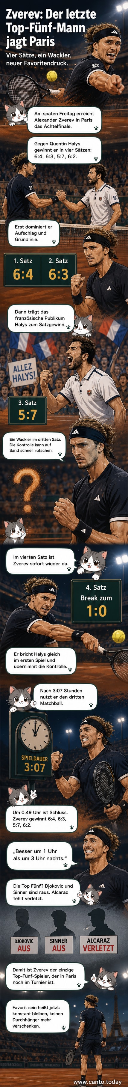 Alexander Zverev im French-Open-Outfit, schlägt triumphierend mit dem Schläger auf den Boden, während das Publikum im Stade Roland Garros zu sehen ist.