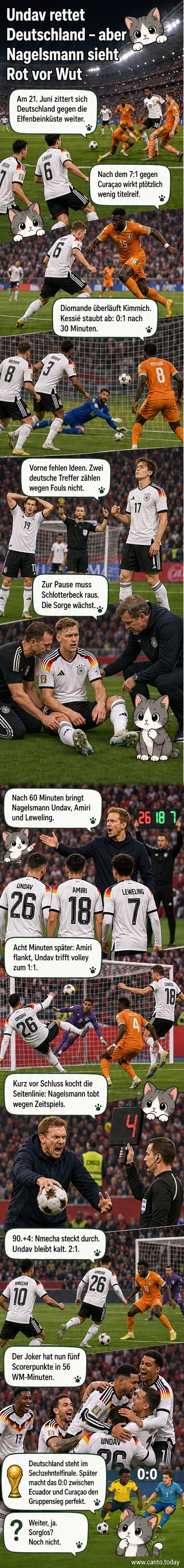 Fußballspieler Deniz Undav feiert nach seinem späten Siegtor gegen die Elfenbeinküste, während Teamkollegen jubelnd auf ihn zulaufen.
