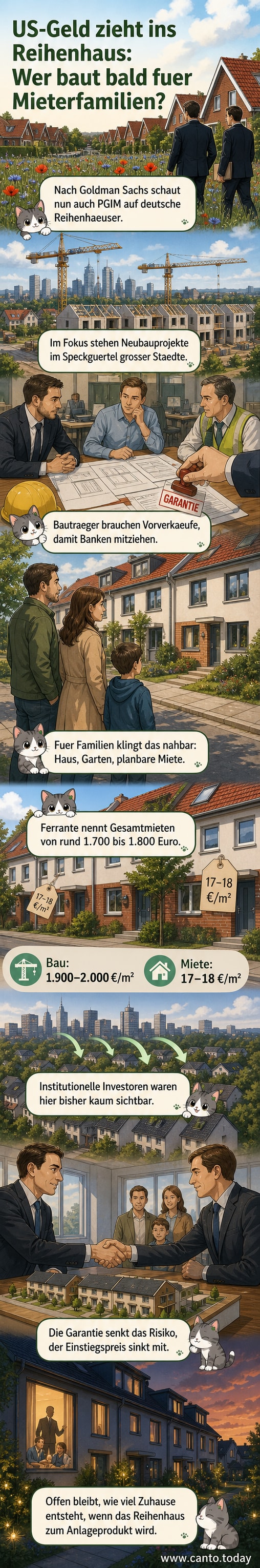 Zwei moderne Reihenhäuser in einer grünen Stadtrandlage, davor ein Schild mit US-Flagge und 'Vermietung durch internationale Investoren'.