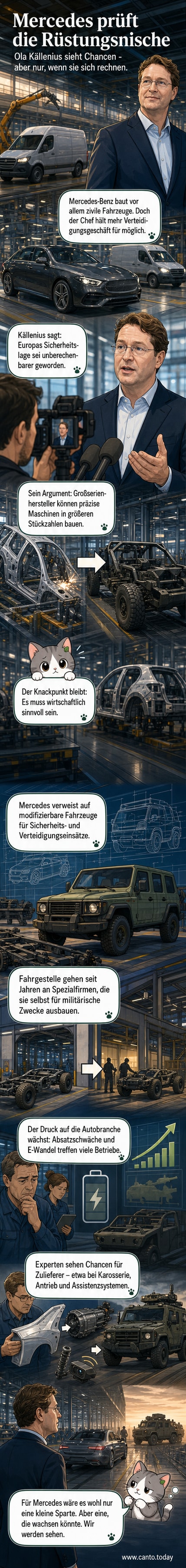 Illustration eines modernen Mercedes-Lkw, der in einer Werkstatt mit militärischer Ausstattung modifiziert wird, im Hintergrund Industriekulisse und NATO-Schilder.