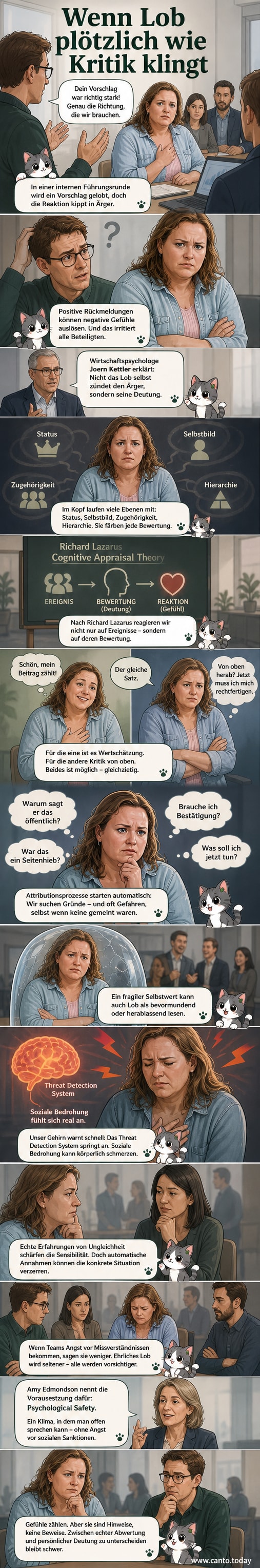 Illustration eines Gesprächs in einem Büro, bei dem ein Kollege ein Lob ausspricht, während die andere Person verärgert reagiert – Hintergrund mit unsichtbaren emotionalen Spannungen.