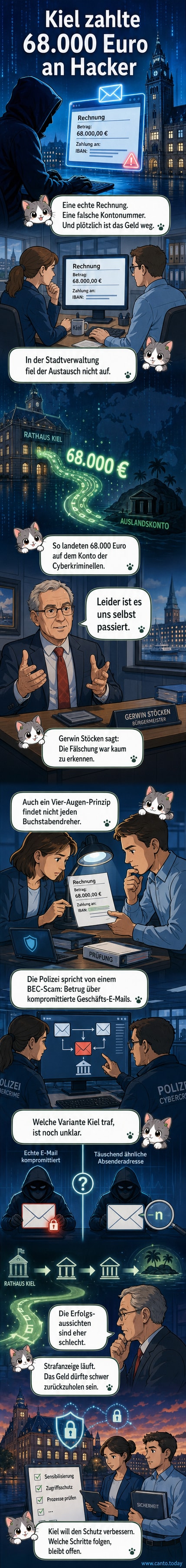Ein abstraktes Bild einer gefälschten Rechnung auf einem Computerbildschirm, mit roten Warnsymbolen und einem gehackten Rathaus im Hintergrund.