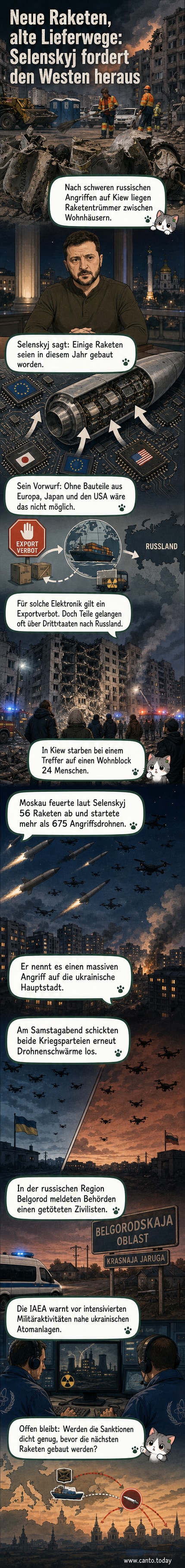 Trümmer eines Wohnhauses in Kiew nach einem russischen Raketenangriff; vor Ort liegen Raketenfragmente.