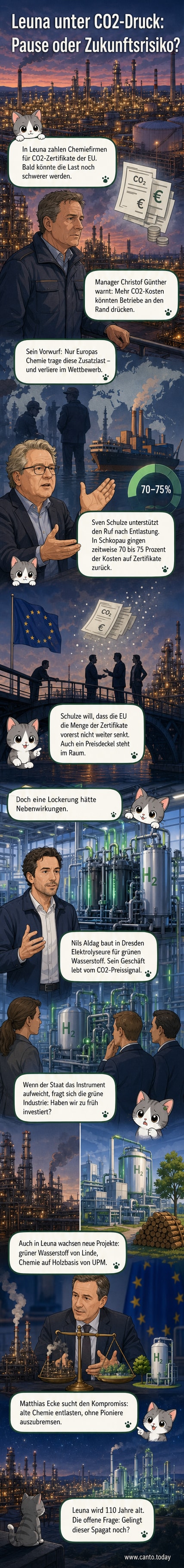 Industriepanorama des Chemieparks Leuna mit alten Anlagen und neuen grünen Projekten, dazwischen ein Zertifikat mit CO2-Symbol und fallenden Euro-Zeichen.
