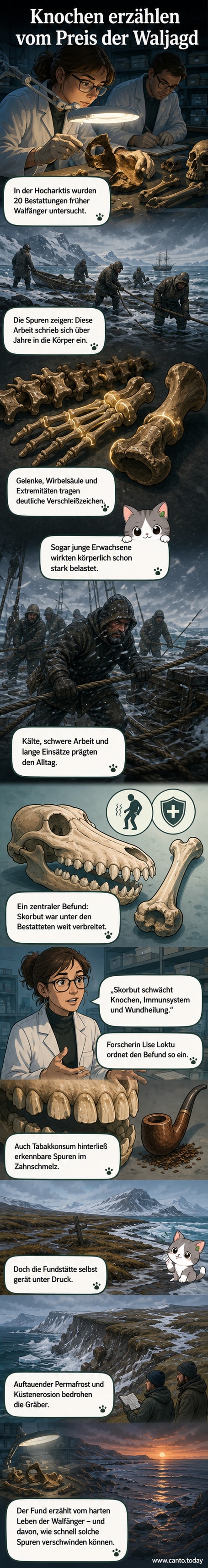 Eine archäologische Grabstätte in der arktischen Landschaft mit Skelettresten und Forschern, die Aufzeichnungen machen.