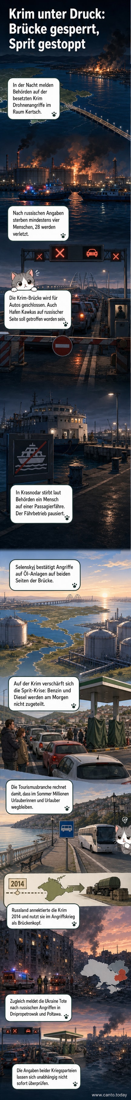 Illustration der Krim-Halbinsel mit Rauchwolken über einem Hafen und der Krim-Brücke, Drohnen in der Luft