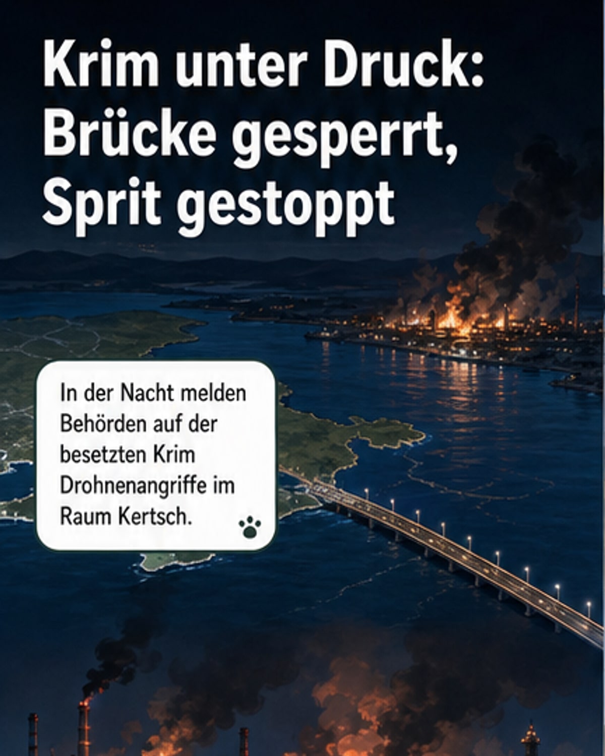 Illustration der Krim-Halbinsel mit Rauchwolken über einem Hafen und der Krim-Brücke, Drohnen in der Luft