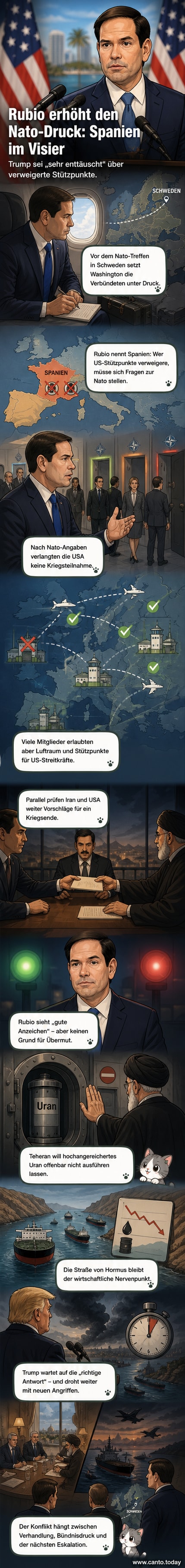 Illustration eines diplomatischen Verhandlungstisches mit US-, iranischen und israelischen Flaggen, im Hintergrund Militärflugzeuge und ein Öltanker in der Straße von Hormus.