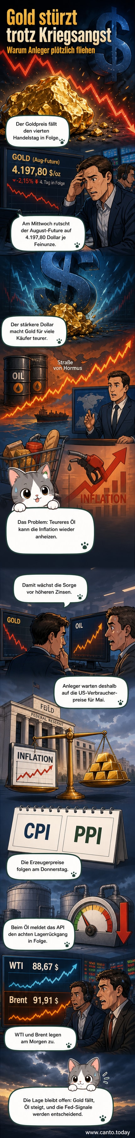 Zwei Grafiken: Oben fällt der Goldpreis auf 4.191,59 USD pro Feinunze, unten steigt der Ölpreis auf über 88 USD – begleitet von Symbolen für Dollar, Krieg und Inflation.