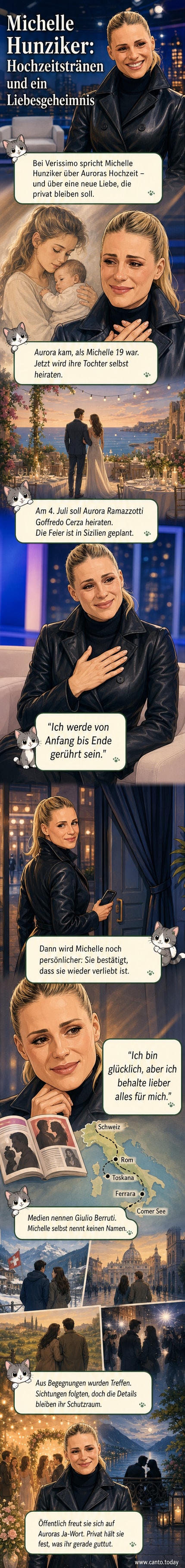 Künstlerische Darstellung von Michelle Hunziker, die lächelnd auf eine Hochzeitsfeier in Sizilien blickt, während ein Schattenpaar im Hintergrund einen Kuss teilt.