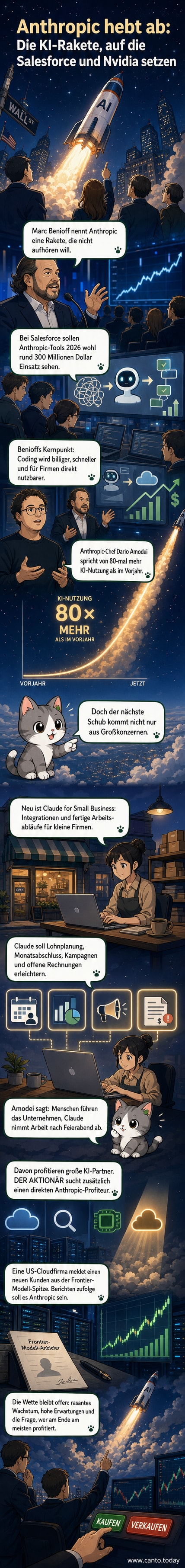 Illustration einer Rakete mit KI-Symbolik, die über einer Stadt mit Bürogebäuden und kleinen Geschäften abhebt, während Datenströme nach unten fließen.