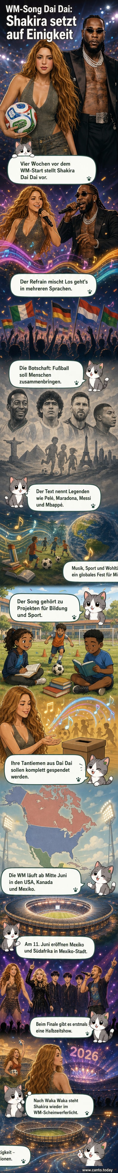 Shakira und Burna Boy performen gemeinsam auf einer Bühne mit Fußballmotiven, im Hintergrund eine Weltkarte mit WM-Standorten 2026.