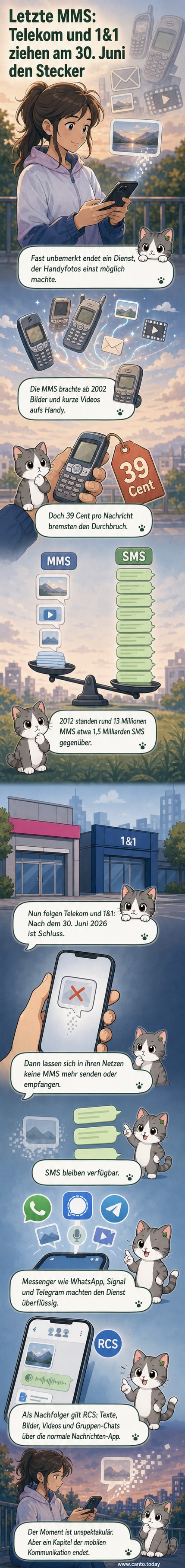 Ein altes Handy zeigt eine gesendete MMS-Nachricht mit einem verpixelten Foto, daneben ein modernes Smartphone mit einer verschlüsselten RCS-Nachricht.