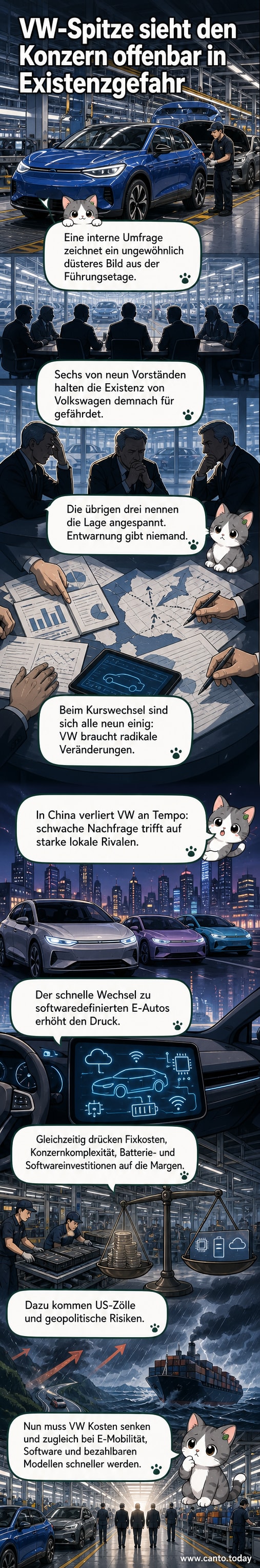 Illustration eines VW-Logos mit düsterem Hintergrund, um die existenzielle Bedrohung im Konzern darzustellen.