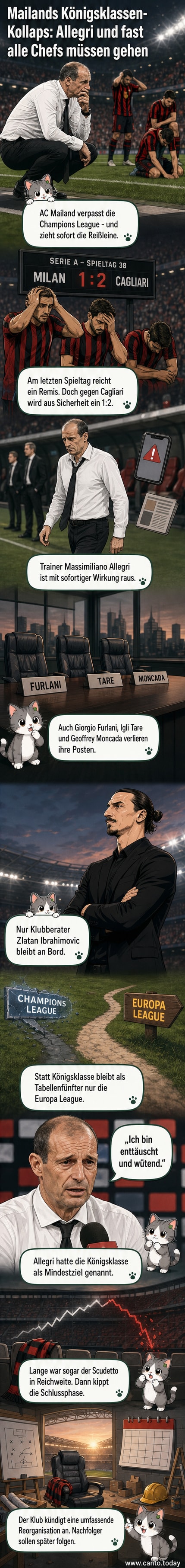 Fußballspieler und Funktionäre von AC Mailand stehen vor leeren Rängen, im Hintergrund das Vereinswappen.