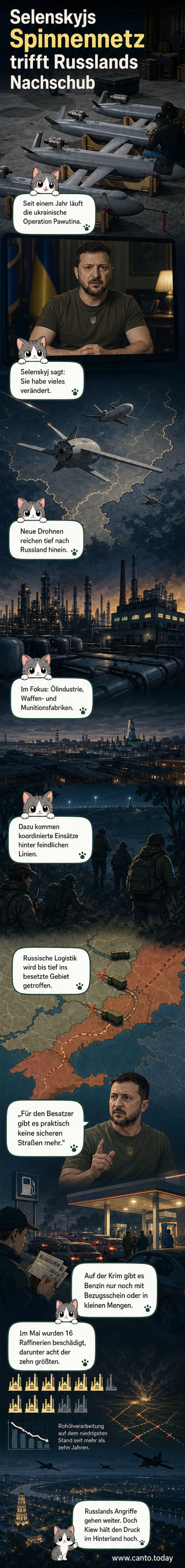 Ukrainischer Präsident Selenskyj spricht in einer Videobotschaft über den Erfolg der Operation Spinnennetz, im Hintergrund Drohnen über einer Karte der Ukraine.