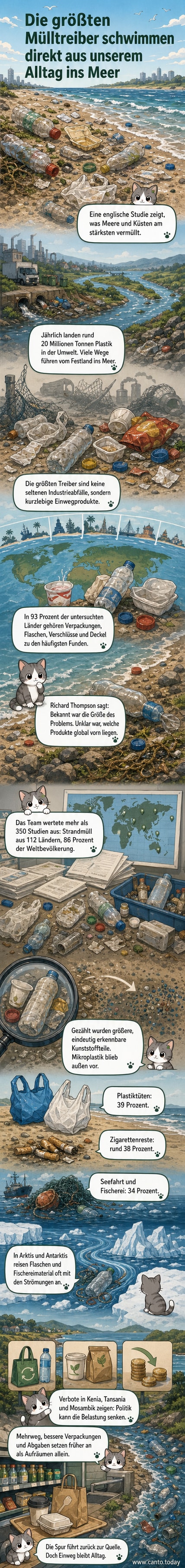 Visualisierung von Plastikmüll an einer Küste mit Lebensmittelverpackungen, Flaschen und Tüten, während Meeresströmungen Abfälle in Richtung offenes Meer tragen.
