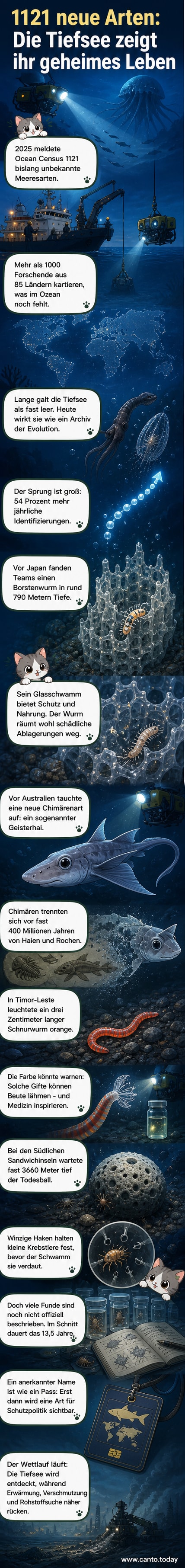 Illustration einer fremdartigen Tiefseelandschaft mit einem gläsernen Schwamm, einem Geisterhai und einem fleischfressenden Schwamm, der wie ein Klettball aussieht.