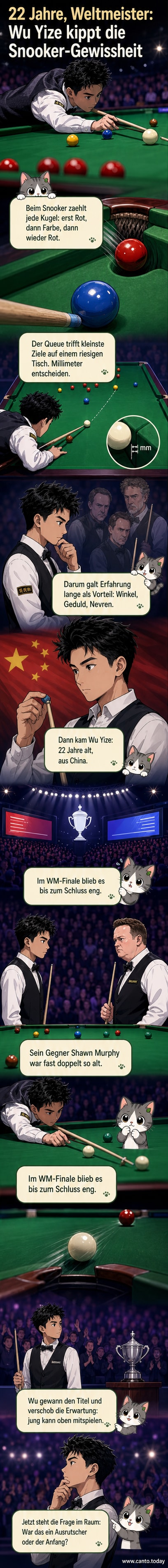 Snooker-Spieler Wu Yize hält seinen Queue über den Tisch, konzentriert auf den nächsten Stoß.