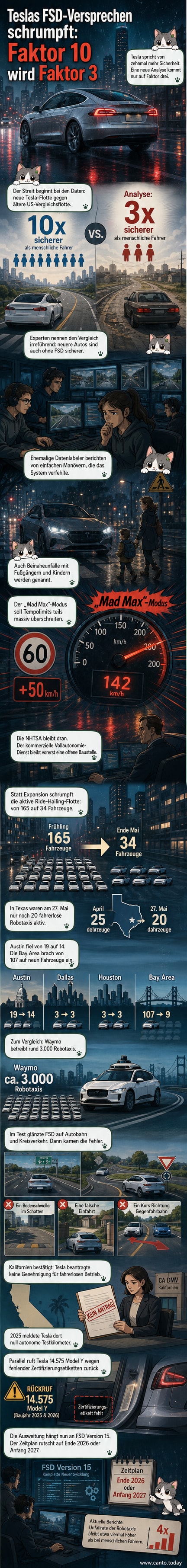 Illustration eines Tesla-Fahrzeugs mit FSD-Logo, daneben ein nach unten zeigender Pfeil und ein verkleinertes Flottenbild, im Hintergrund eine unsichere Straßenlage mit Fußgängern.