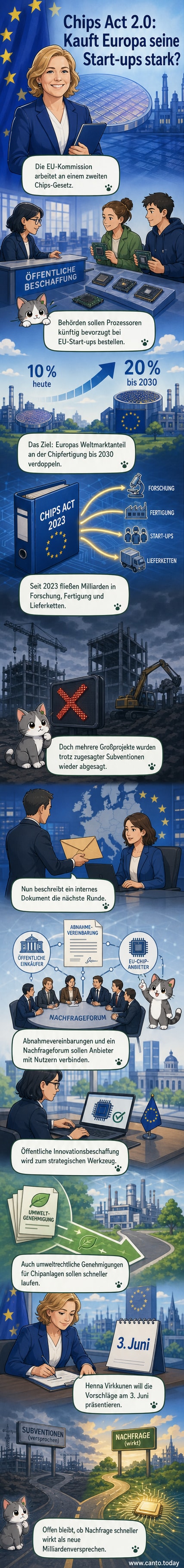 Illustration einer modernen Chipfabrik mit EU-Flagge, daneben ein öffentlicher Auftrag in Form eines Stempels mit dem Hinweis 'Vorrang für heimische Chips'.