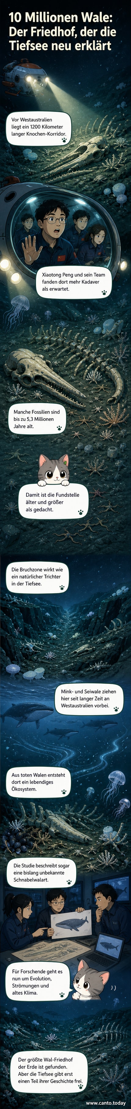 Ein dunkler Meeresboden mit verstreuten Wal-Knochen, umgeben von Tiefseebewohnern wie Schlangensternen und Muscheln.