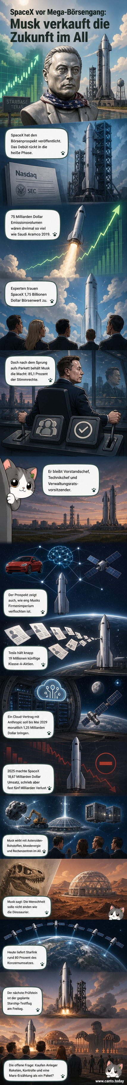 Eine Büste von Elon Musk vor dem Weltraumbahnhof Starbase in Texas, mit Blick auf die Starship-Rakete im Hintergrund.