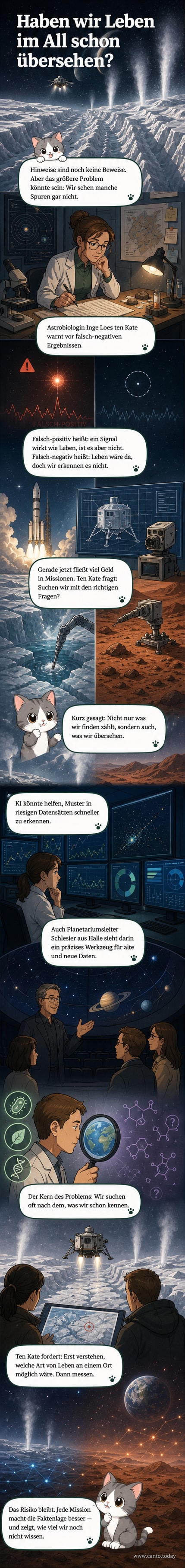 Illustration eines Roboters auf einem fremden Planeten, der mit KI-Brille nach Lebenszeichen sucht, während Datenströme im Hintergrund fließen.