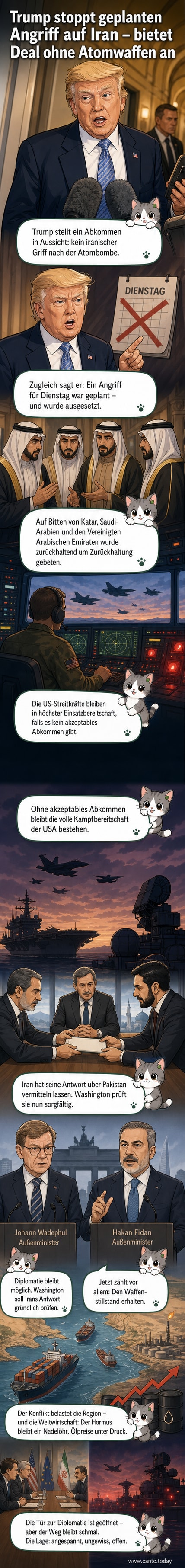 Illustration eines zerrissenen Friedensabkommens mit einer großen Uhr im Hintergrund, über der die Silhouetten von Militärflugzeugen und diplomatischen Verhandlungstischen schweben.