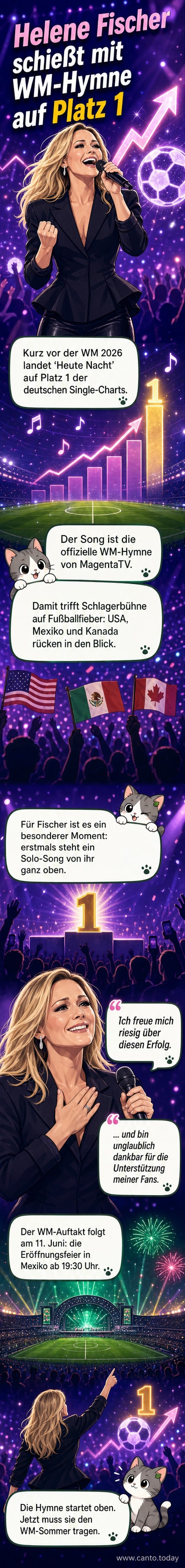 Helene Fischer singt auf einer Bühne mit Fußballmotiven im Hintergrund, umgeben von Fans und Lichteffekten.