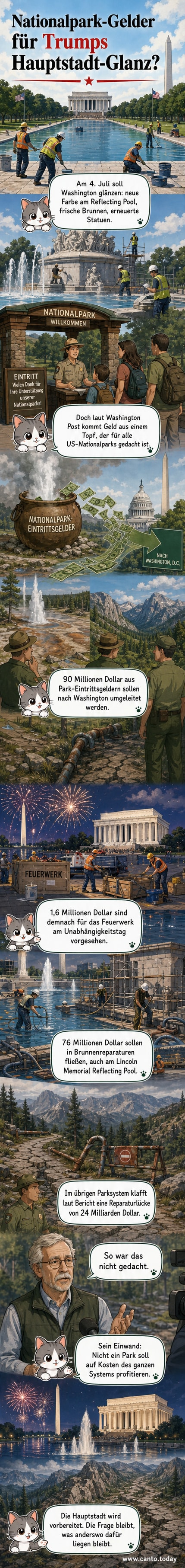 Illustration eines trockenen Springbrunnens im Lincoln Memorial mit Baustellenzäunen, während im Hintergrund das Capitol in neuem Glanz erstrahlt.