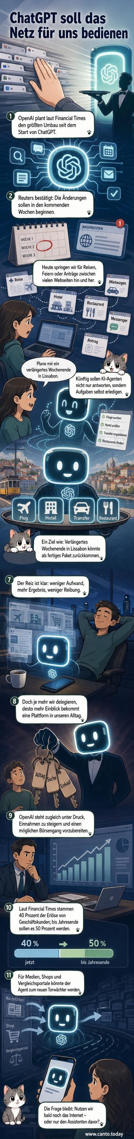 Ein stilisierter Browser mit vielen Tabs, die langsam von einem KI-Symbol verschluckt werden, während ein ChatGPT-Logo im Hintergrund leuchtet.