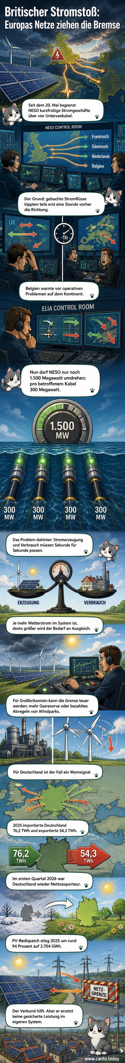 Illustration eines Strommastes mit britischer und europäischer Flagge, zwischen denen ein Warnschild mit 'Begrenzung' steht. Im Hintergrund Sonne und Windräder.