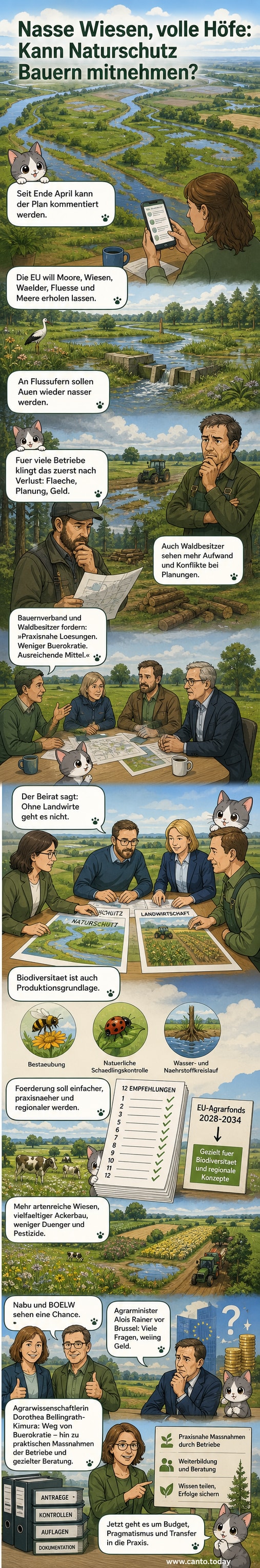 Ein renaturierter Flussuferbereich mit fließendem Wasser, hohem Schilf und wiedervernässten Wiesen, umgeben von landwirtschaftlich genutzten Feldern.