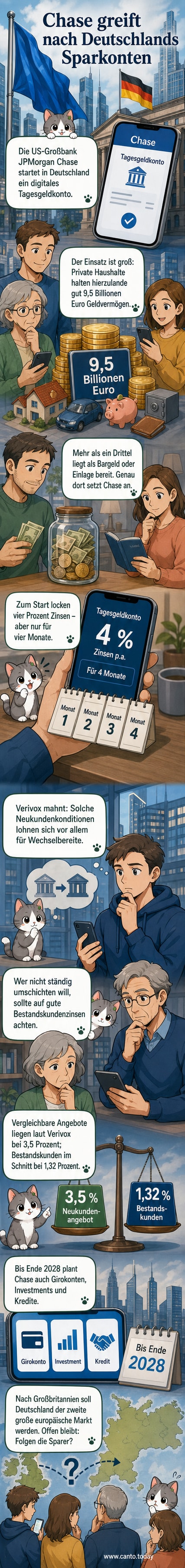 Illustration einer US-Bankfiliale mit deutscher Flagge, vor der ein Sack mit Münzen steht und ein Smartphone mit der Chase-App zeigt.