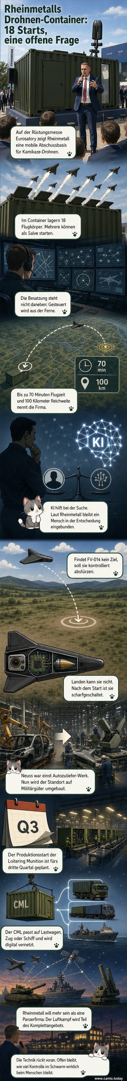 Ein grauer Container mit einer Kamikaze-Drohne auf dem Dach, präsentiert auf einer Rüstungsmesse. Im Hintergrund steht ein Rheinmetall-Manager.