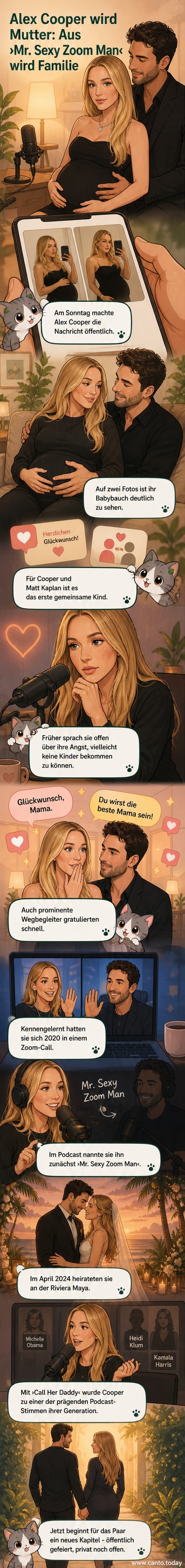 Alex Cooper sitzt auf dem Schoß ihres Ehemanns Matt Kaplan, hält ihren Babybauch und lächelt in die Kamera.