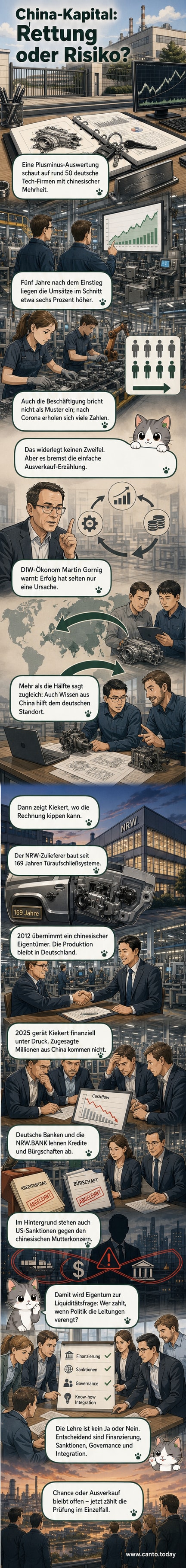 Ein deutsches Fabrikgebäude mit chinesischer Flagge daneben, davor ein Roboter mit Schlüsselanhänger – Symbol für Technologieübertragung und Investition.