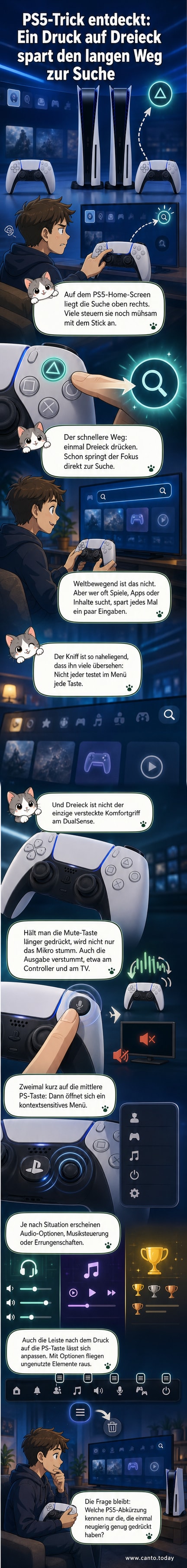 Ein PS5-DualSense-Controller mit Hervorhebung der Dreieck-Taste, die auf einem Homescreen mit Suchsymbol interagiert.