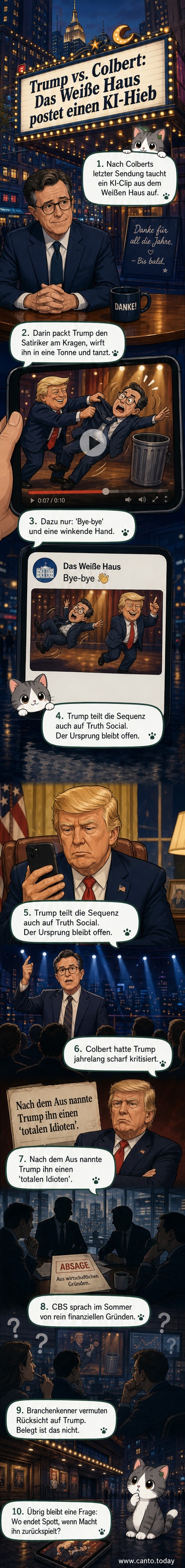 KI-generierte Szene: Donald Trump wirft Stephen Colbert in eine Mülltonne, während er tanzend davongeht – ein digitales Abschiedsbild aus der US-Politik.