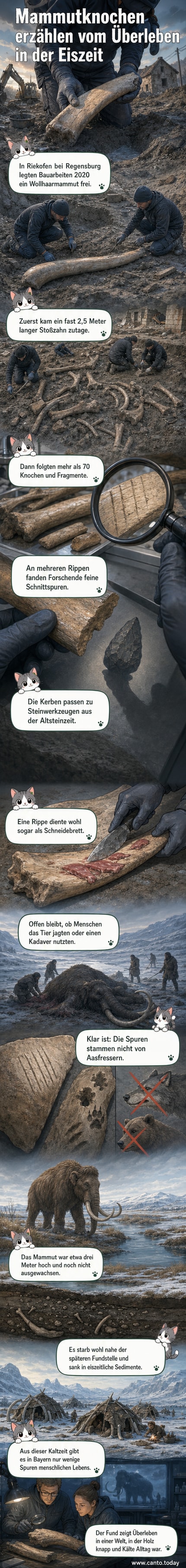 Ein großer Mammutknochen liegt in einer Ausgrabungsstätte in Bayern, umgeben von Werkzeugen und Forschern im Hintergrund.