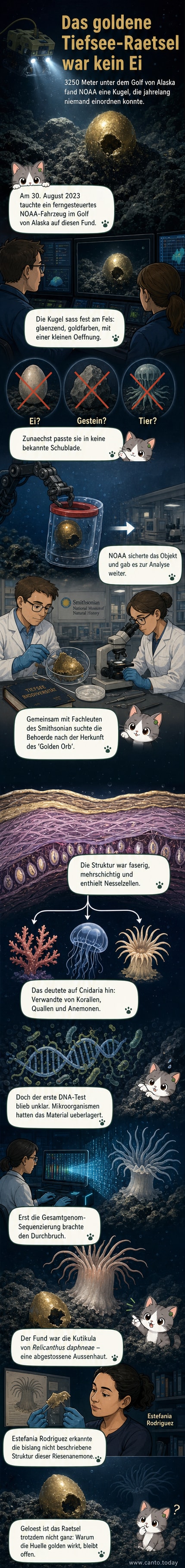Künstlerische Darstellung einer goldenen, kugelförmigen Hülle auf dem Meeresboden in der Tiefsee, umgeben von Dunkelheit und Felsen, mit einem ferngesteuerten Tauchfahrzeug im Hintergrund.