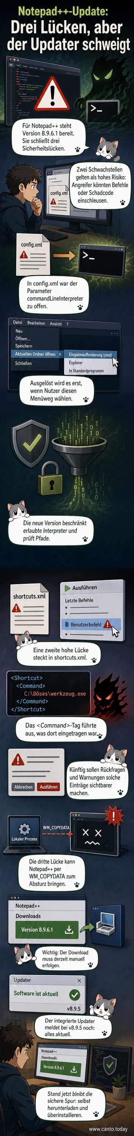 Illustration eines Notepad++-Fensters mit Warnhinweisen über Sicherheitslücken in Konfigurationsdateien und Hinweis auf manuelle Aktualisierung.