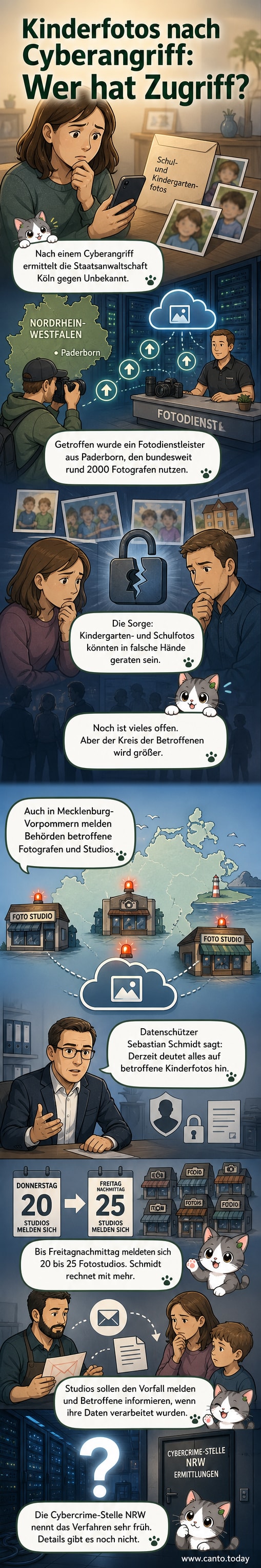 Symbolbild eines Laptops mit verschlüsseltem Schild und traurigem Gesicht, davor liegen Kinderfotos – Darstellung eines Cyberangriffs auf einen Fotodienstleister.
