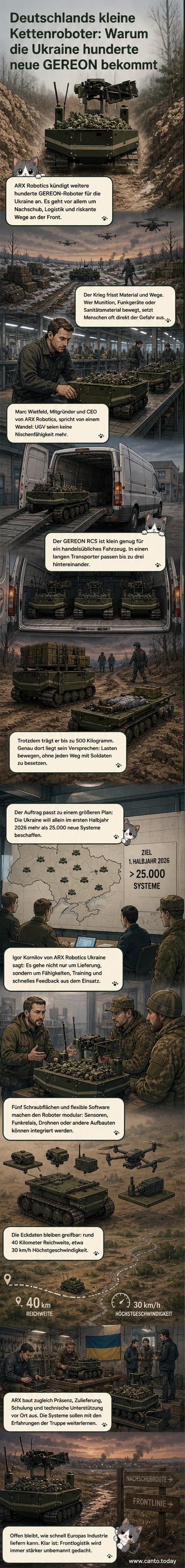 Ein kleiner, modularer Roboter mit militärischer Ausrüstung fährt über ein Schlammterrain; im Hintergrund Rauch und Trümmer, symbolisierend den Einsatz an der Front.
